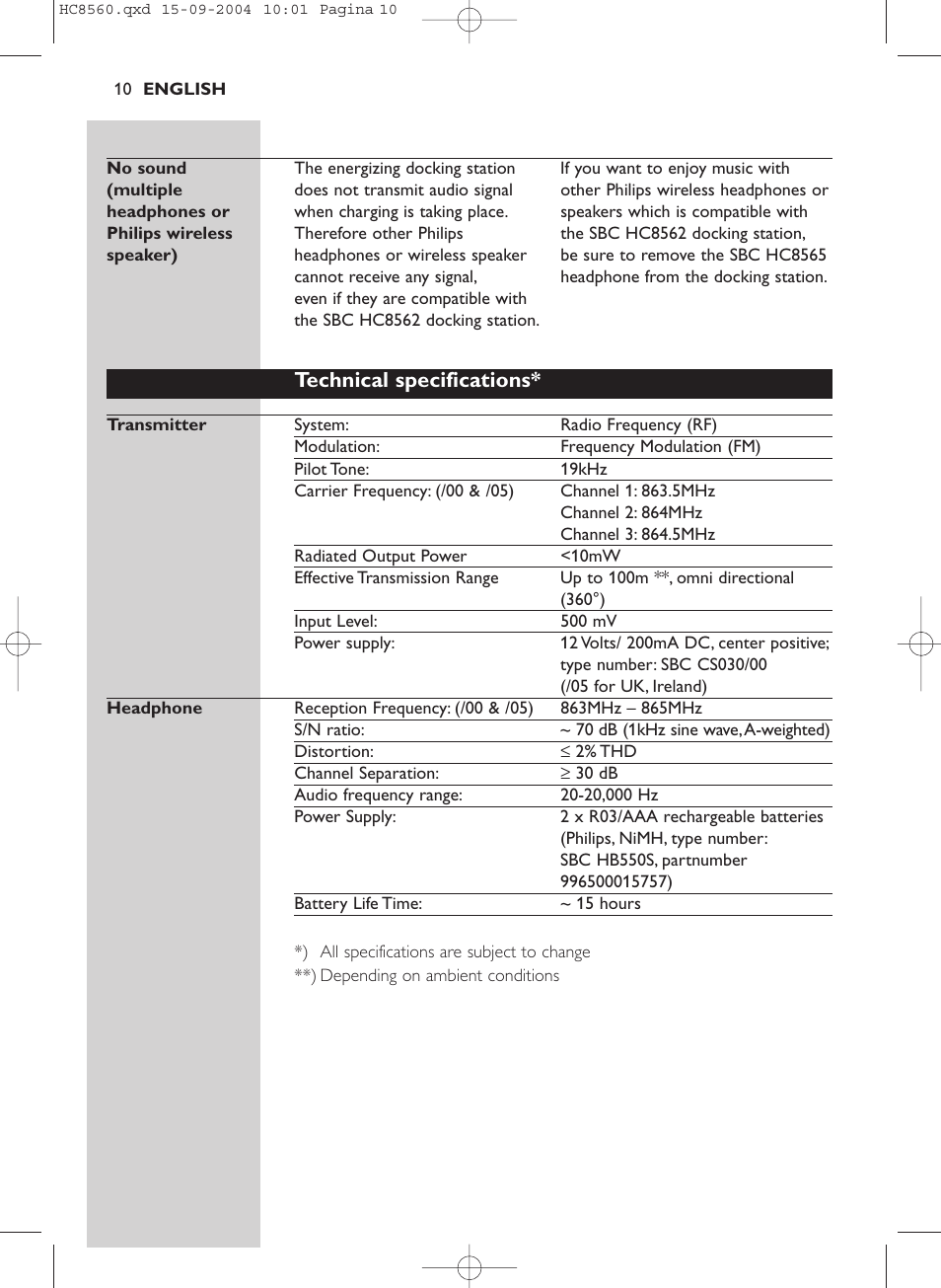 Technical specifications | Philips HC 8560 User Manual | Page 10 / 142