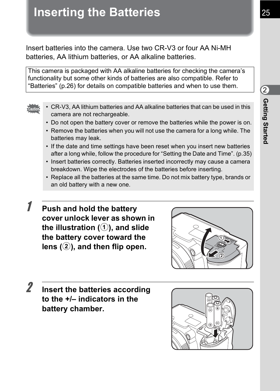Inserting the batteries | Pentax K100D User Manual | Page 27 / 220