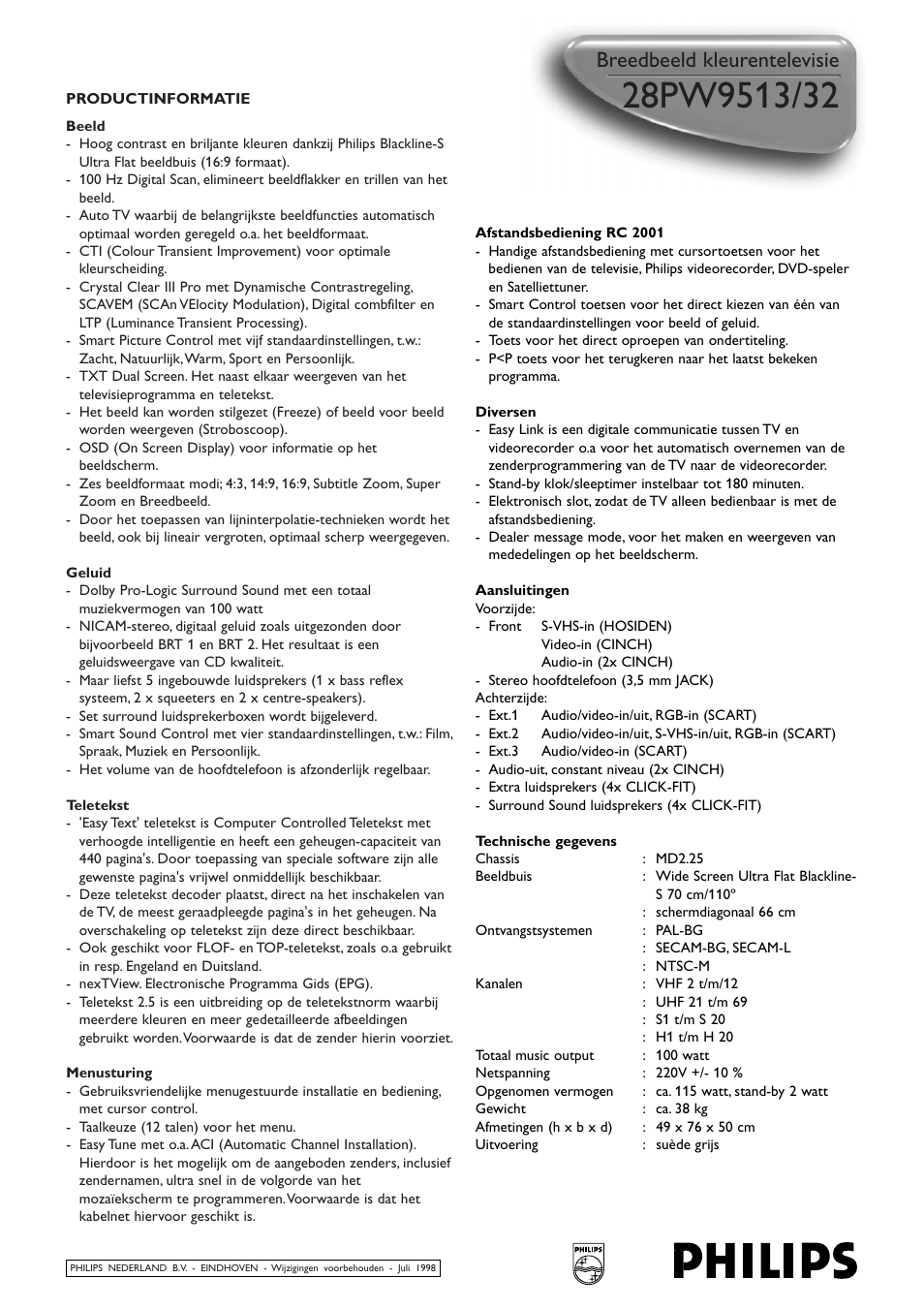 Breedbeeld kleurentelevisie | Philips MATCH LINE 28PW9513/32 User Manual |  Page 2 / 2 | Original mode