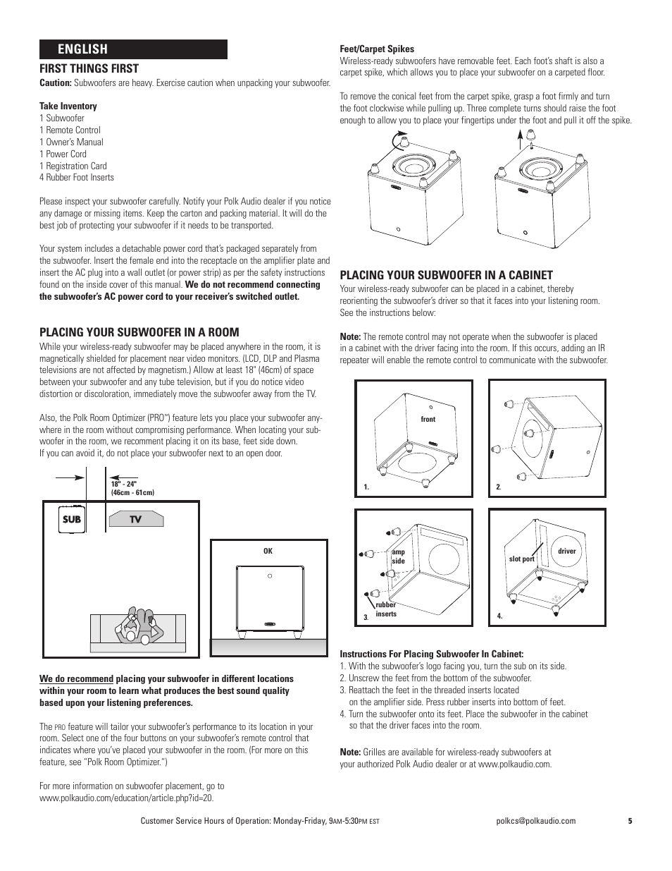 English, First things first, Placing your subwoofer in a room | Polk Audio  DSW PRO 440wi User Manual | Page 5 / 60 | Original mode