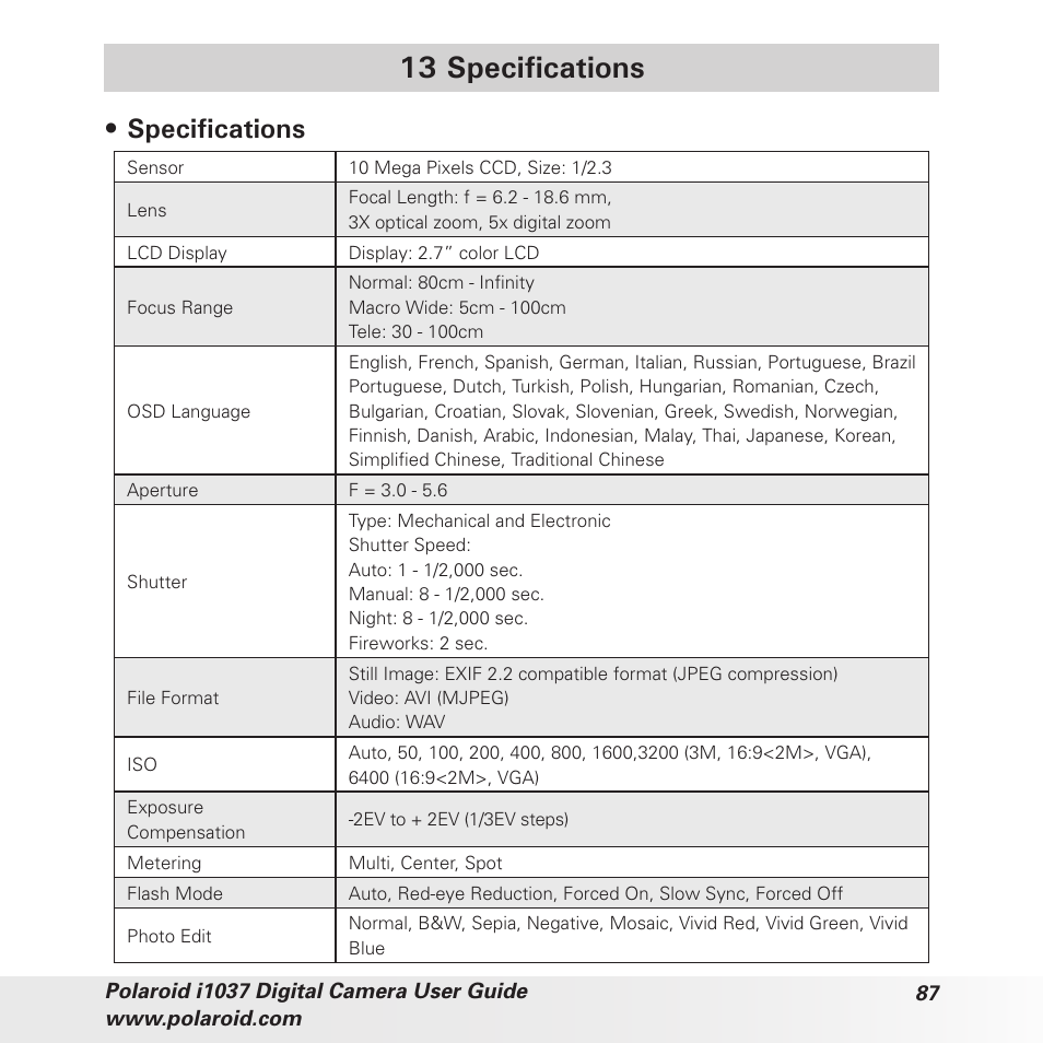 13 specifications, Specifications | Polaroid i1037 User Manual | Page 87 /  93 | Original mode