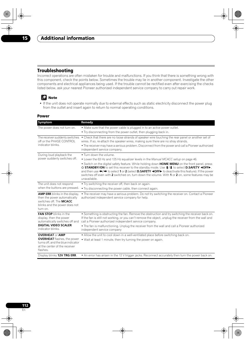 Troubleshooting Power Additional Information 15 Pioneer Elite Sc 07 User Manual Page 112 138