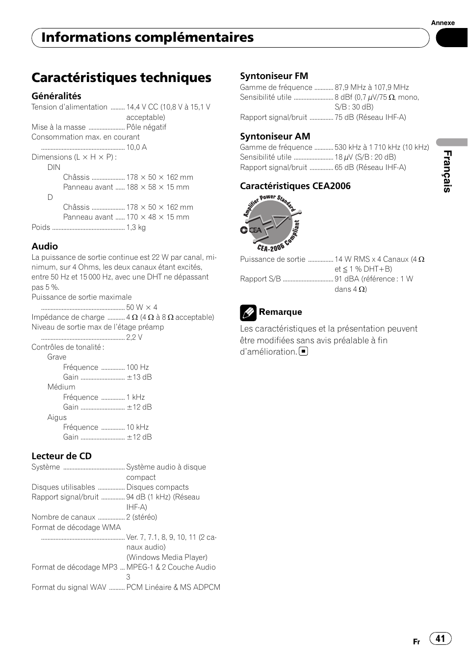 Caractéristiques techniques, Informations complémentaires, Français |  Pioneer DEH-2000MP User Manual | Page 41 / 62 | Original mode