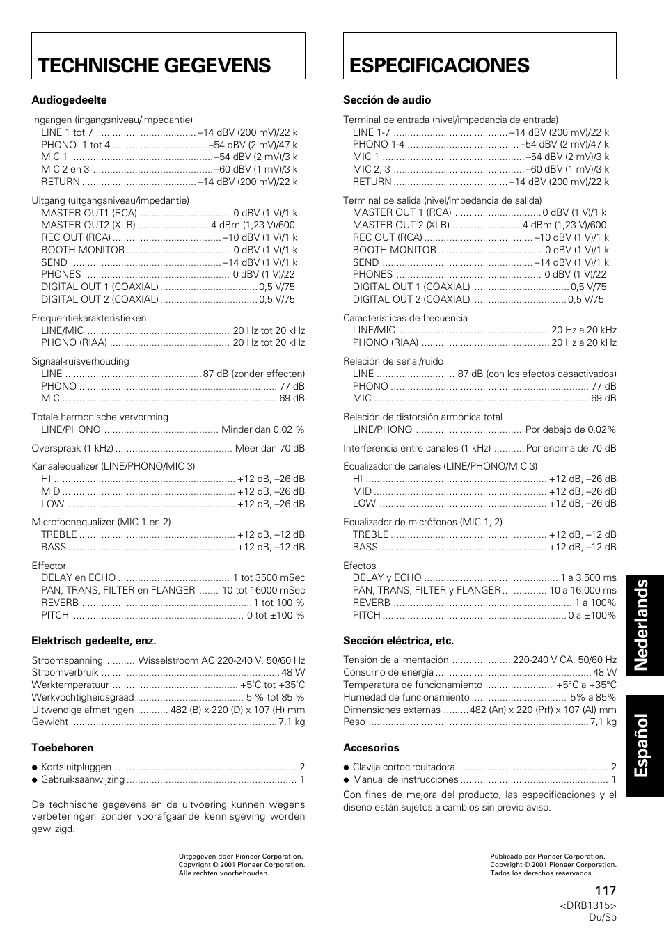 Technische Gegevens Especificaciones Technische Gegevens Especificaciones Pioneer Djm 3000 User Manual Page 117 1 Original Mode