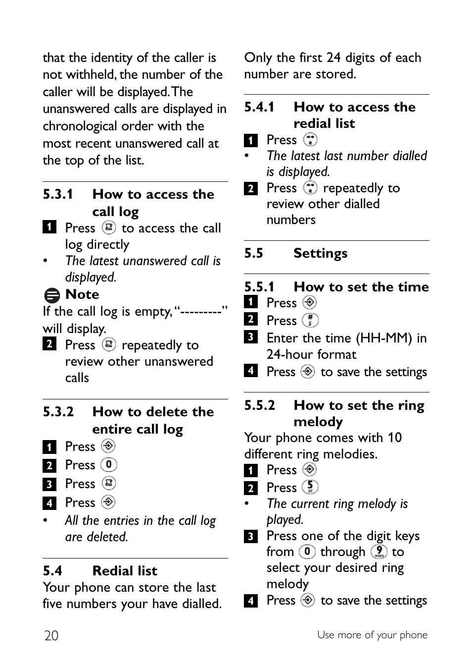 4 redial list, 5 settings, Redial list | Philips CD140 User Manual | Page  22 / 32 | Original mode