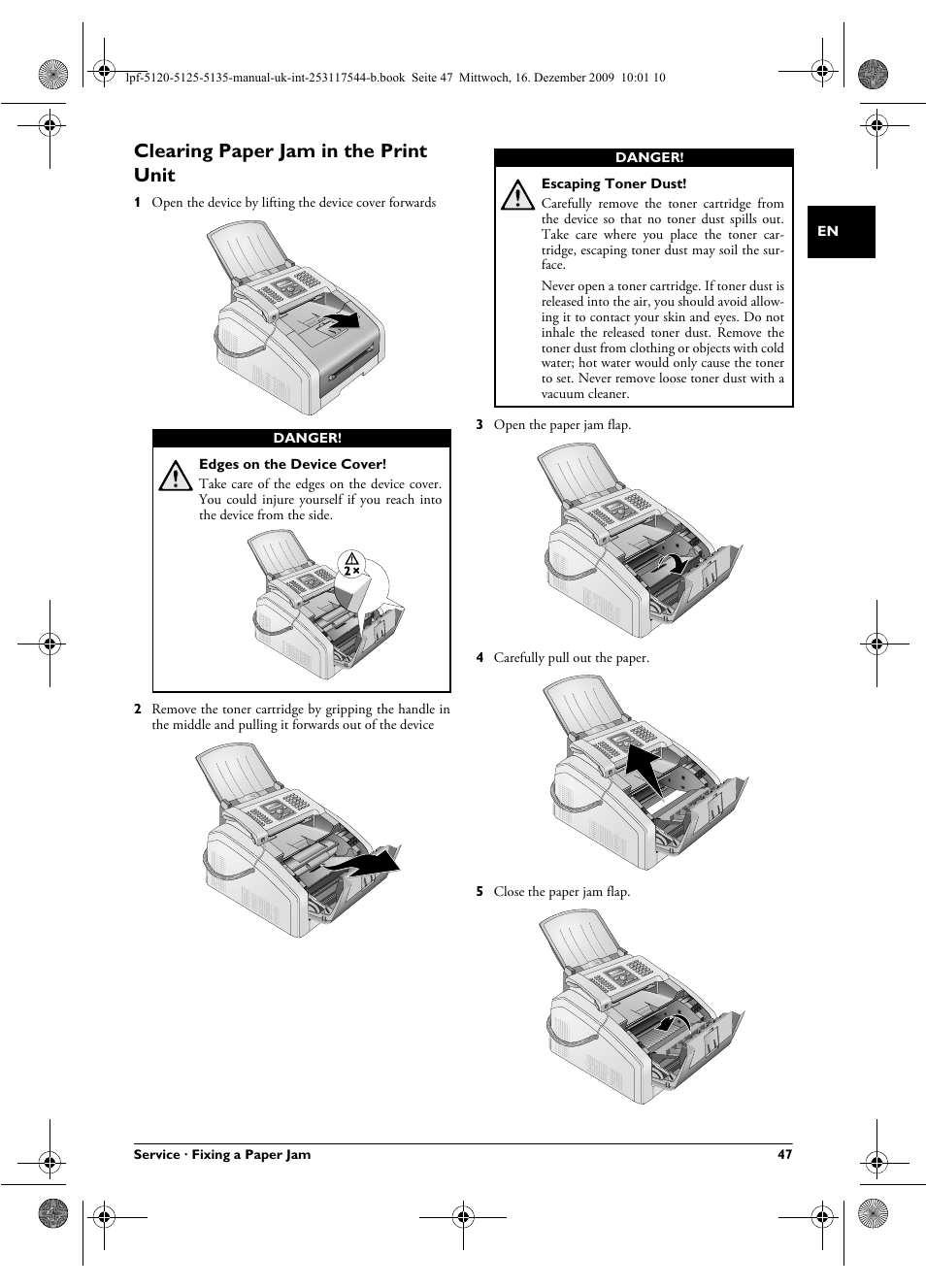 Clearing paper jam in the print unit | Philips Laserfax LPF 5120 User  Manual | Page 47 / 68 | Original mode
