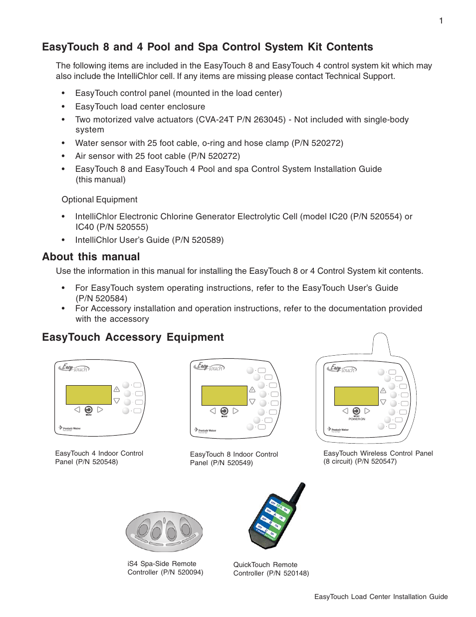 About this manual, Easytouch accessory equipment Pentair EasyTouch 8