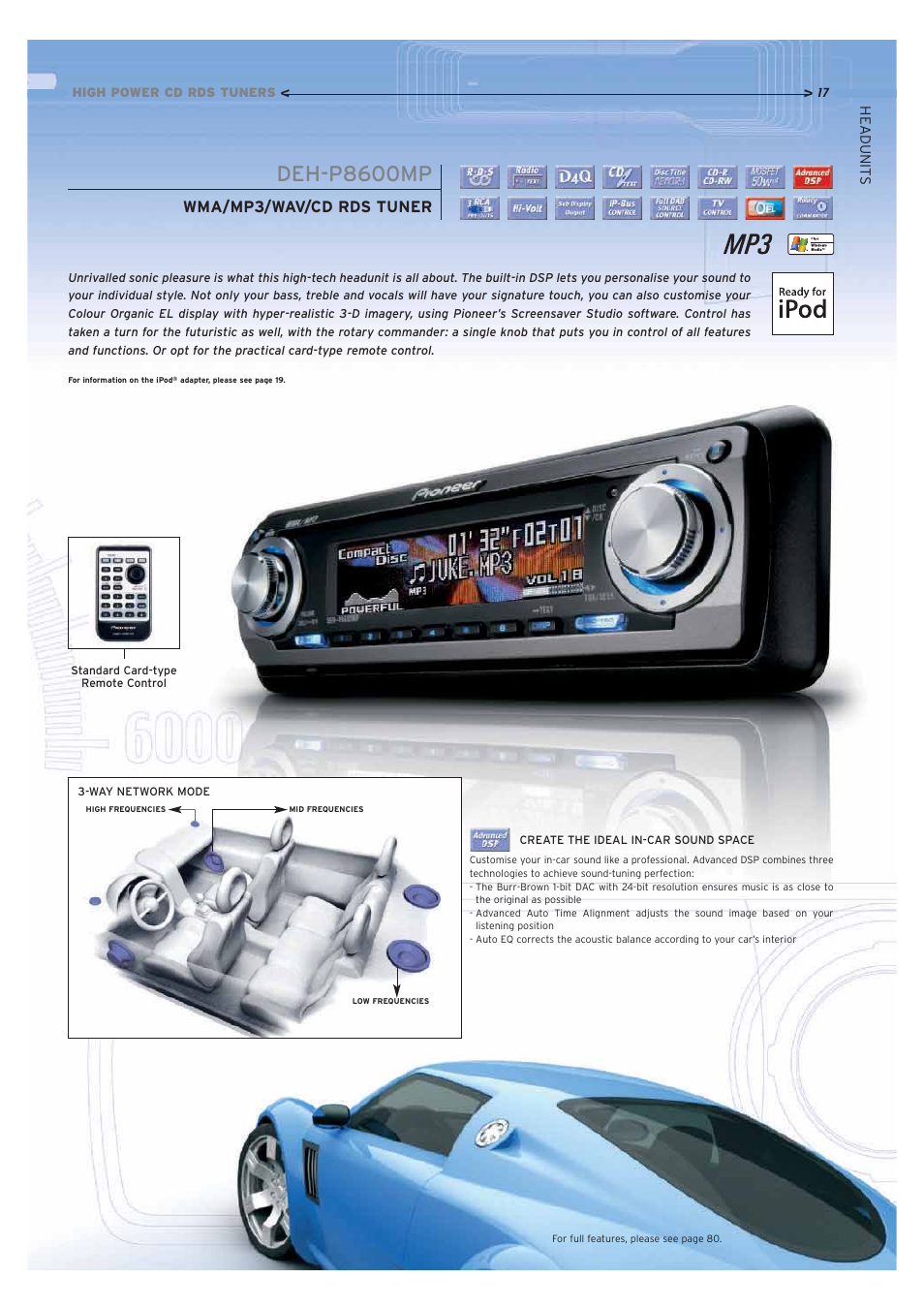 Deh-p8600mp, Wma/mp3/wav/cd rds tuner | Pioneer Car CD MP3 Player User  Manual | Page 17 / 39