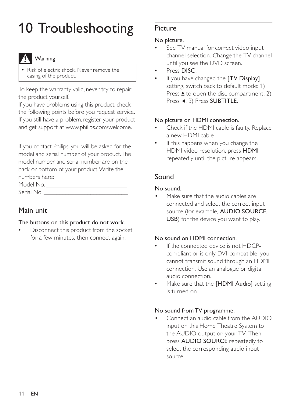 10 Philips SoundBar HTS6120 User Manual | Page 44 / 48