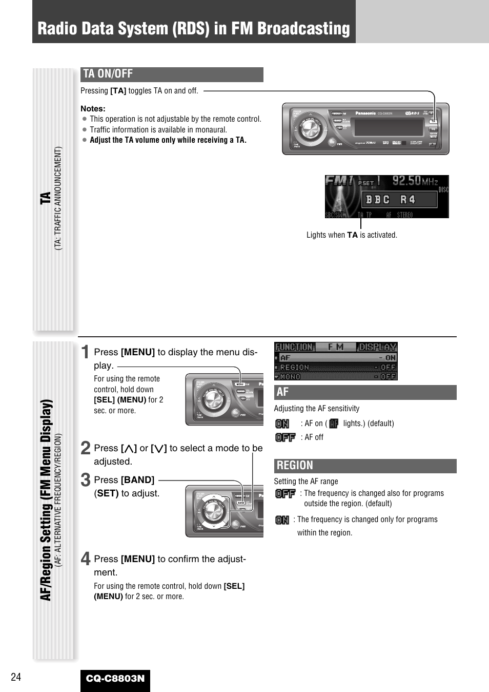 Radio data system (rds) in fm broadcasting, Af/region setting (fm menu  display), Ta on/off | Panasonic CQ-C8803N User Manual | Page 24 / 46 |  Original mode