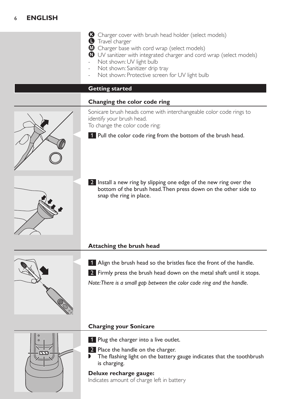 Getting started, Changing the color code ring, Attaching the brush head |  Philips sonic toothbrush FlexCare 900 User Manual | Page 6 / 16