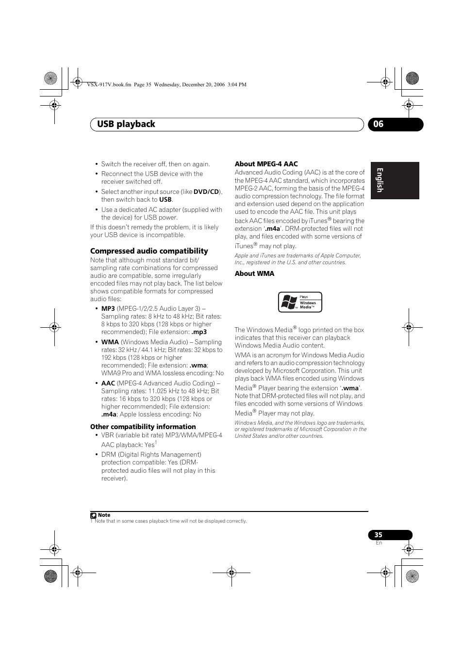 Compressed audio compatibility, Usb playback 06 | Pioneer VSX-917V-S/-K  User Manual | Page 35 / 70