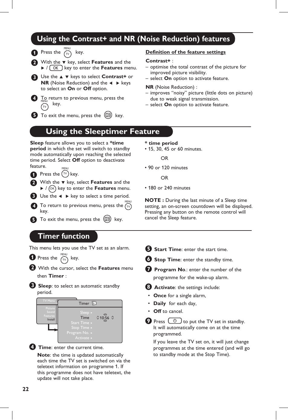 the sleeptimer feature, Timer function Philips TV Receiver User Manual | Page 26 / 40