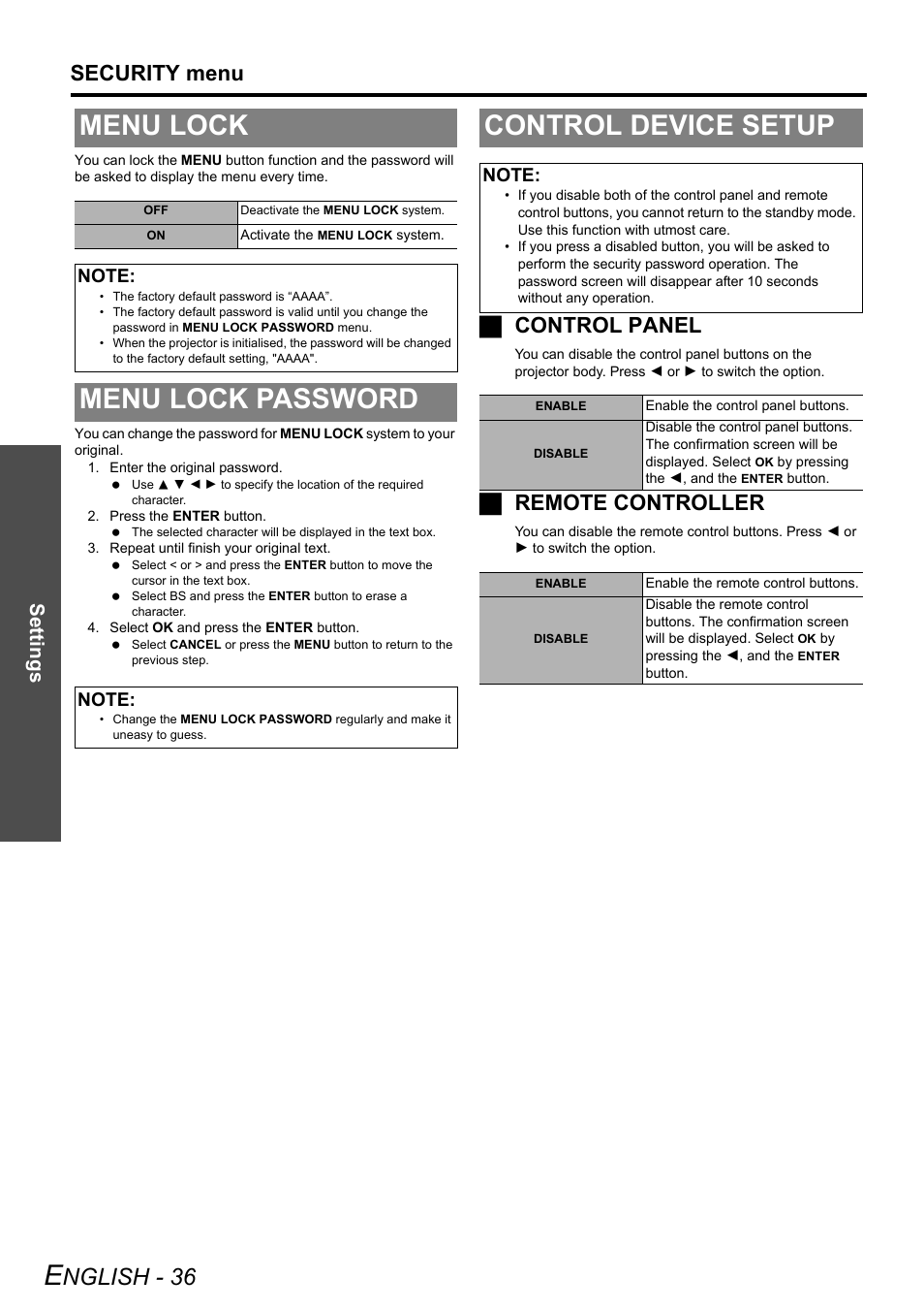 Menu lock, Menu lock password, Control device setup | Panasonic DLP PT