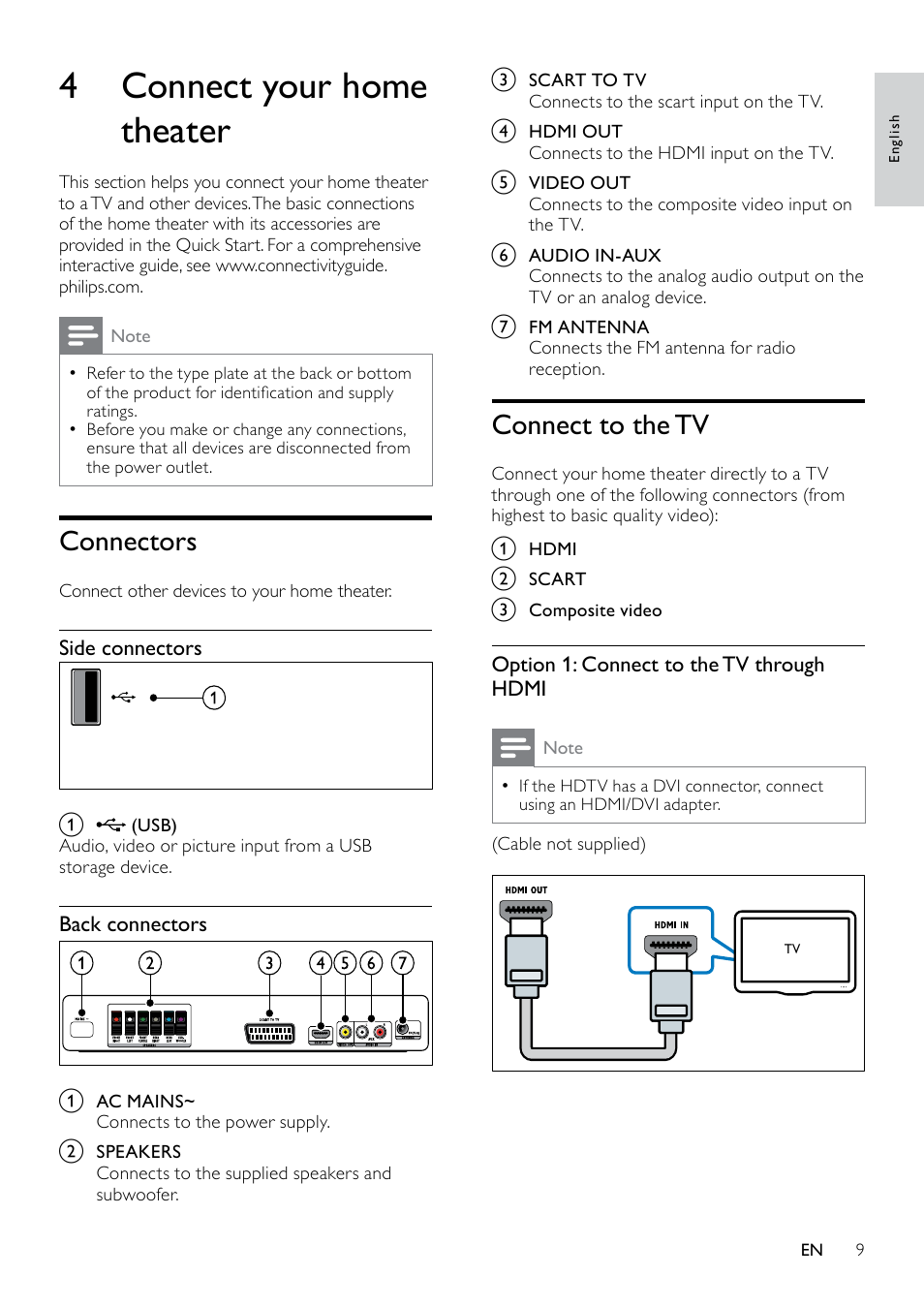 4 connect your home theater, Connectors, Connect to the tv | Philips HTS3510  User Manual | Page 9 / 22 | Original mode