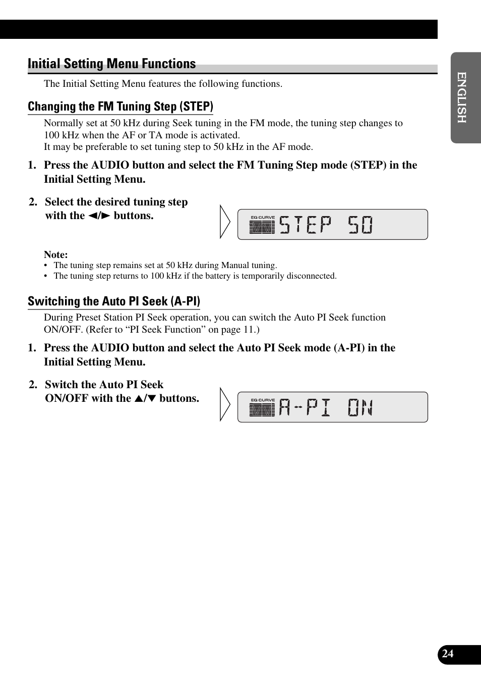 Initial setting menu functions, Changing the fm tuning step (step),  Switching the auto pi seek (a-pi) | Pioneer DEH-2330R User Manual | Page 25  / 86
