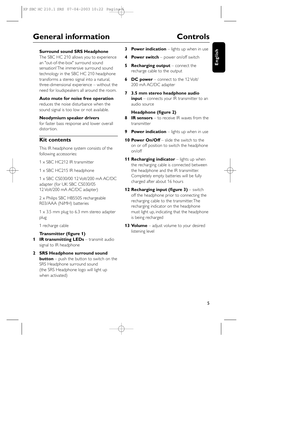 General information controls | Philips SBC HC210 User Manual | Page 5 / 102