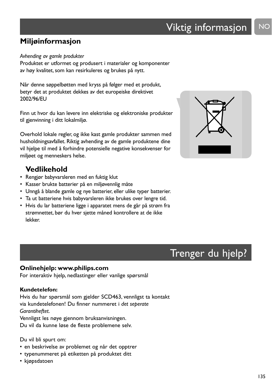 Viktig informasjon, Trenger du hjelp, Miljøinformasjon | Philips SCD463  User Manual | Page 135 / 160 | Original mode