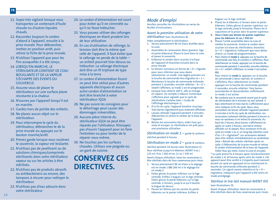 Conservez ces directives, Mode d'emploi | Philips AVENT iQ24 User Manual |  Page 9 / 11 | Original mode