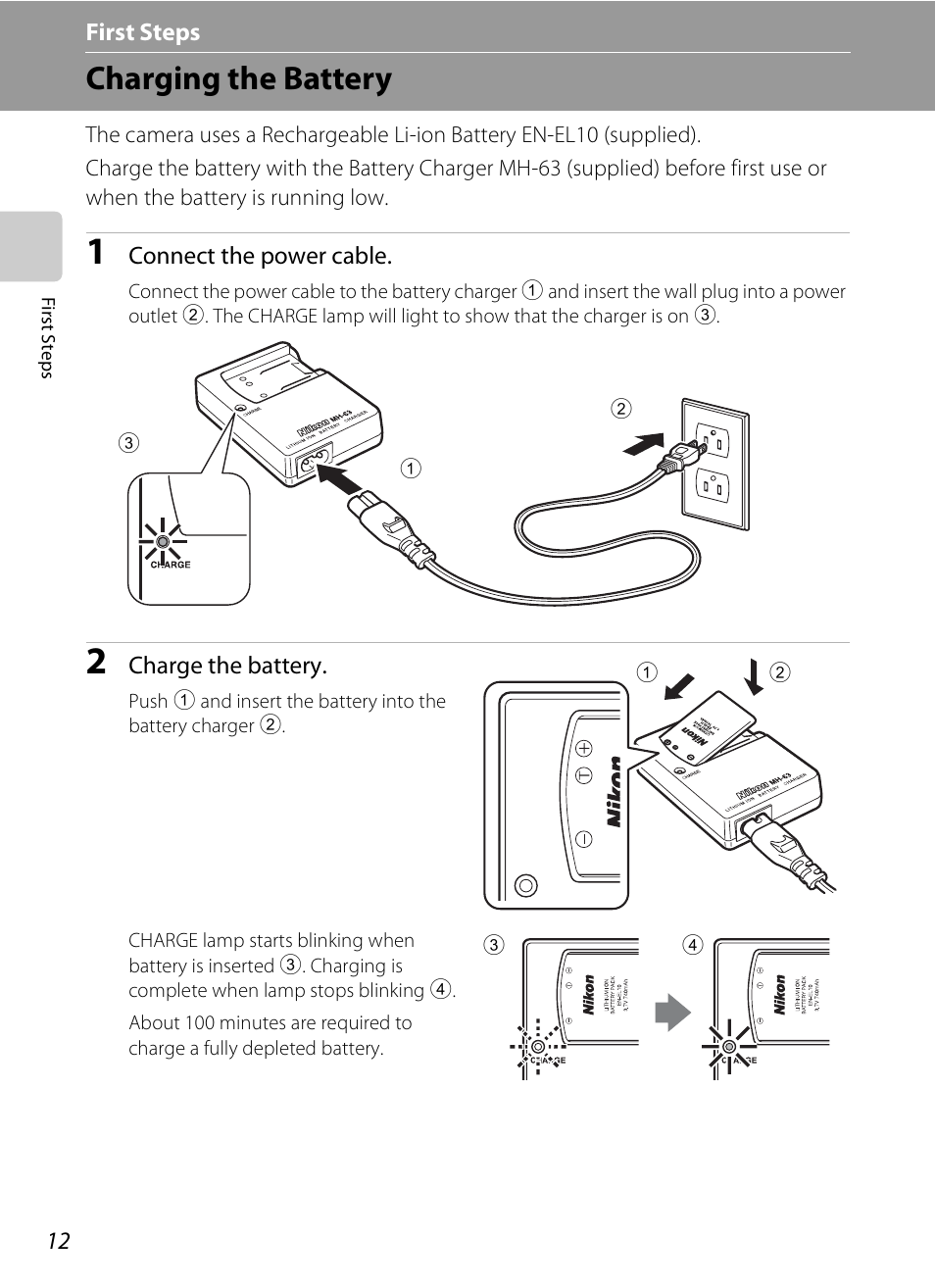 First steps, Charging the battery | Nikon Coolpix S600 User Manual | Page  24 / 144