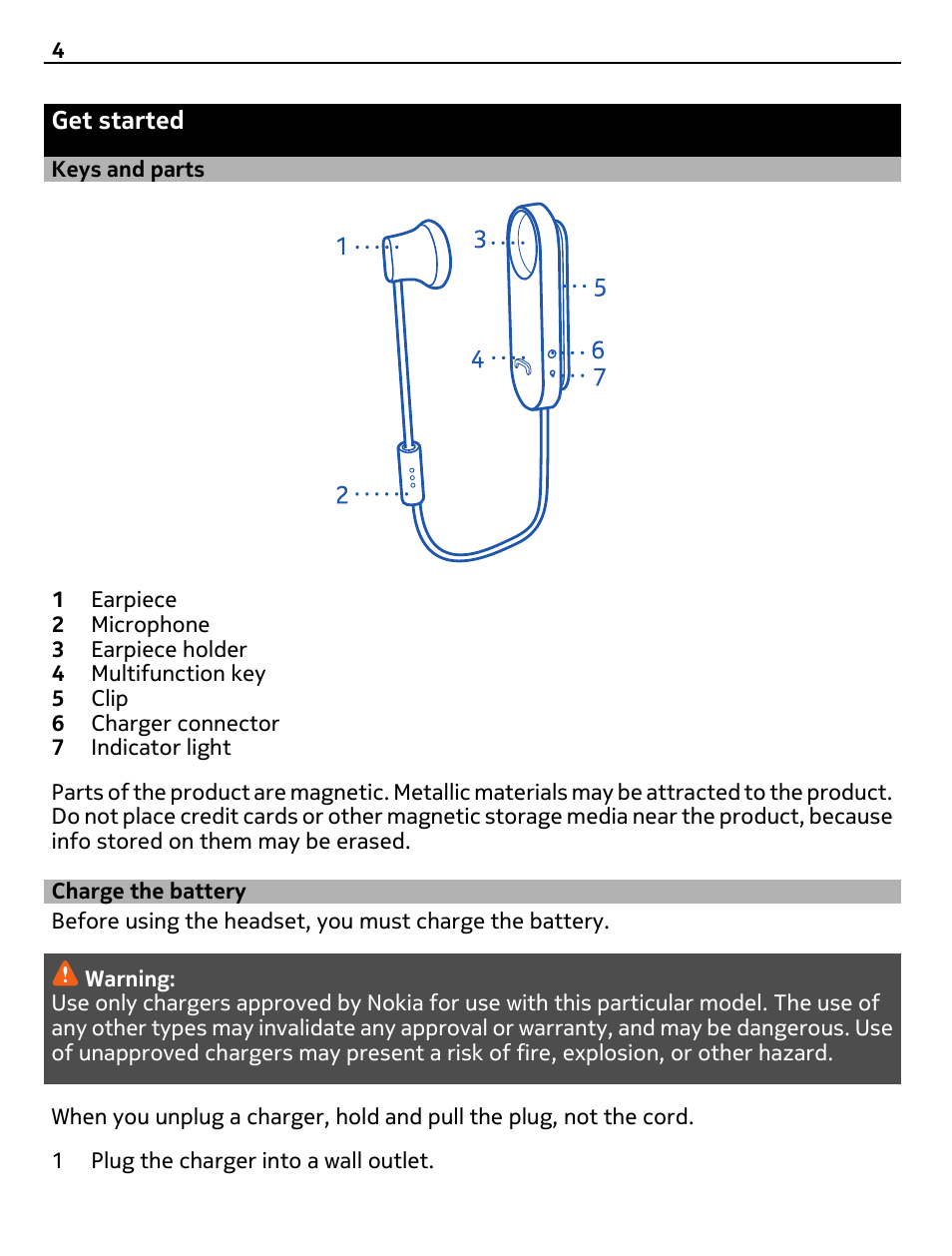 Get started, Keys and parts, Charge the battery | Nokia BH-118 User Manual  | Page 4 / 11