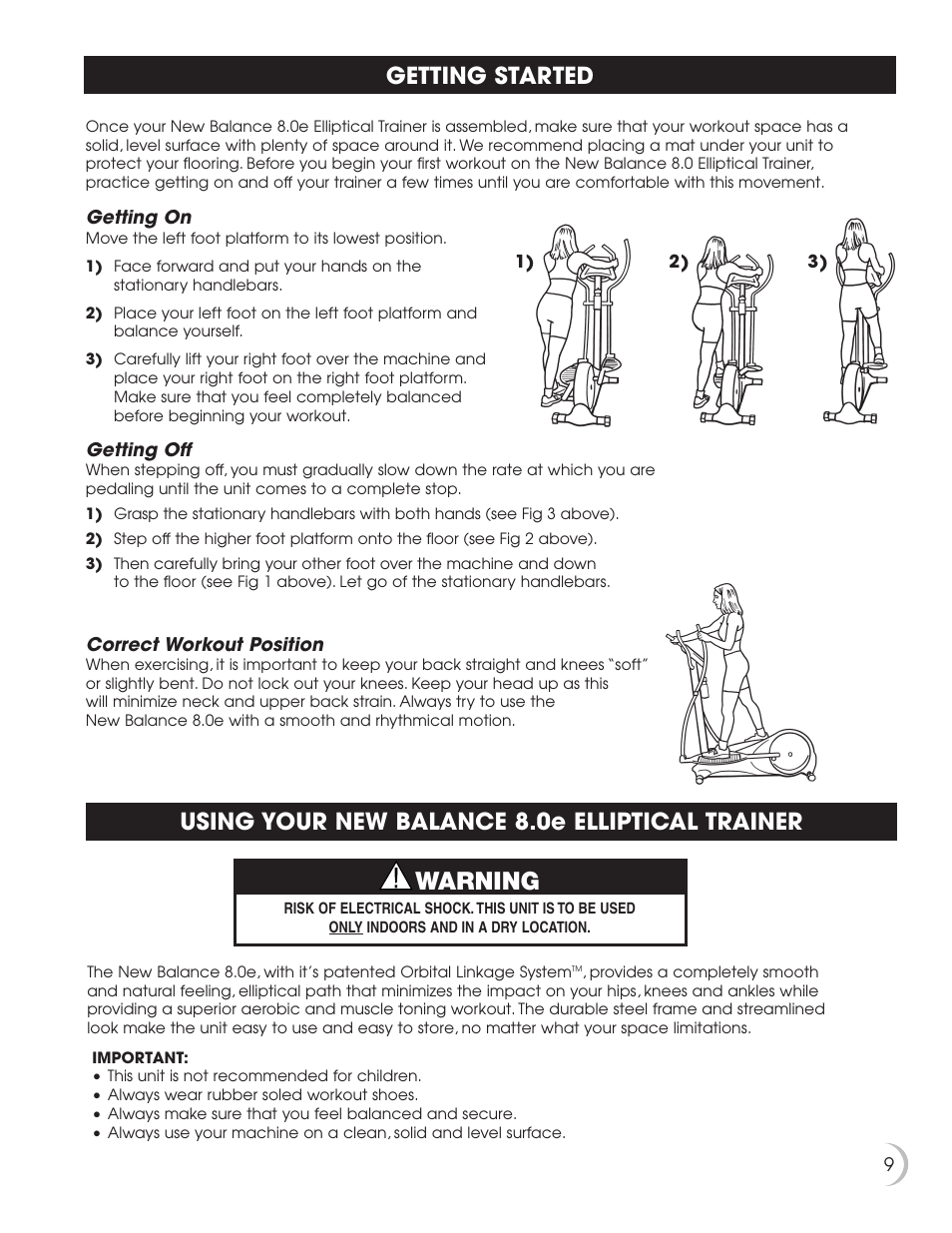 Warning, Getting started, Using your new balance 8.0e elliptical trainer | New  Balance 8.0e User Manual | Page 10 / 26