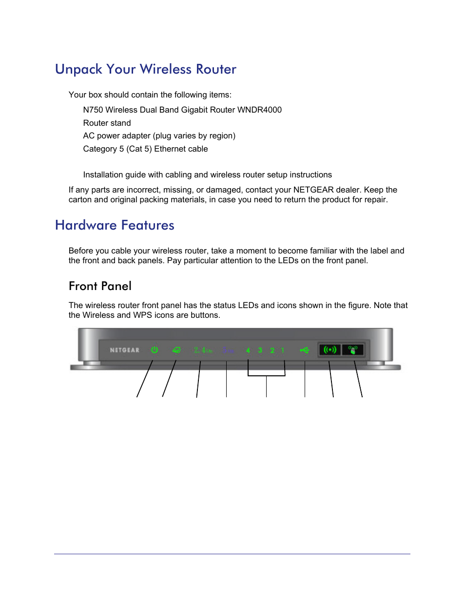 Unpack your wireless router, Hardware features, Front panel | NETGEAR N750  Wireless Dual Band Gigabit Router WNDR4000 User Manual | Page 8 / 104 |  Original mode