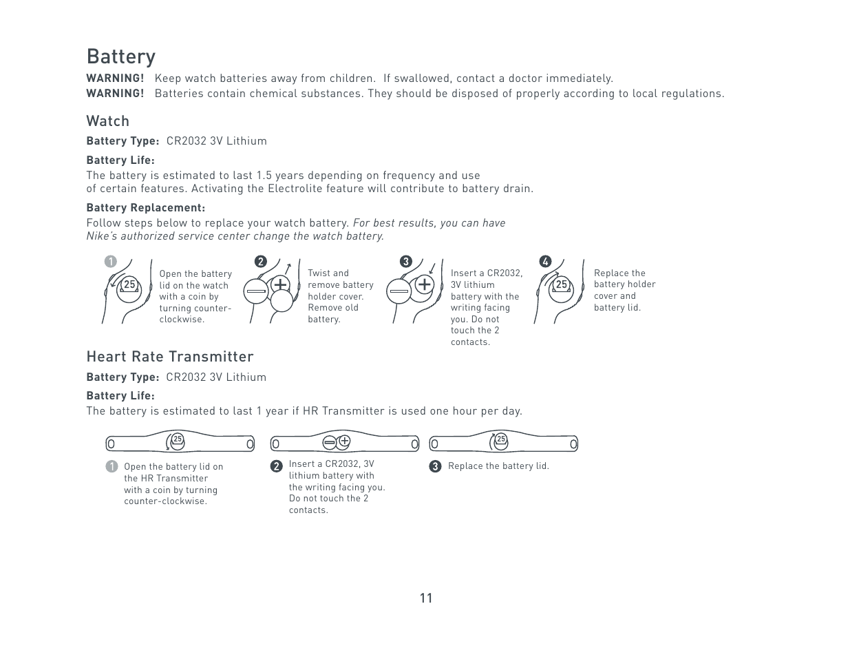 Battery, Watch, Heart rate transmitter | Nike Triax C5 User Manual | Page  11 / 12