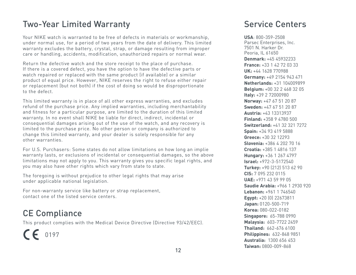 Two-year limited warranty, Ce compliance, Service centers | Nike Triax C5  User Manual | Page 12 / 12