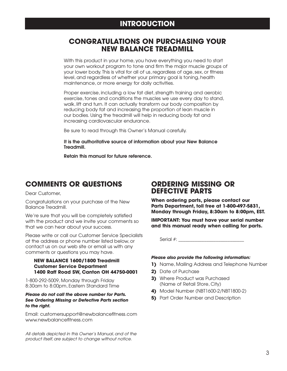 Ordering missing or defective parts, Comments or questions | New Balance  1800 User Manual | Page 4 / 35