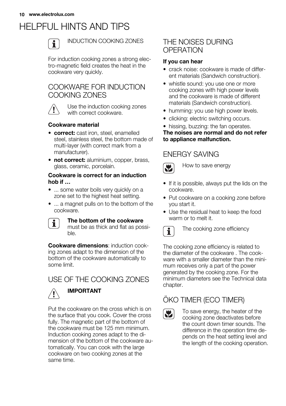 Helpful hints and tips, Cookware for induction cooking zones, Use of the  cooking zones | Electrolux EHI 6740 FOK User Manual | Page 10 / 80 |  Original mode