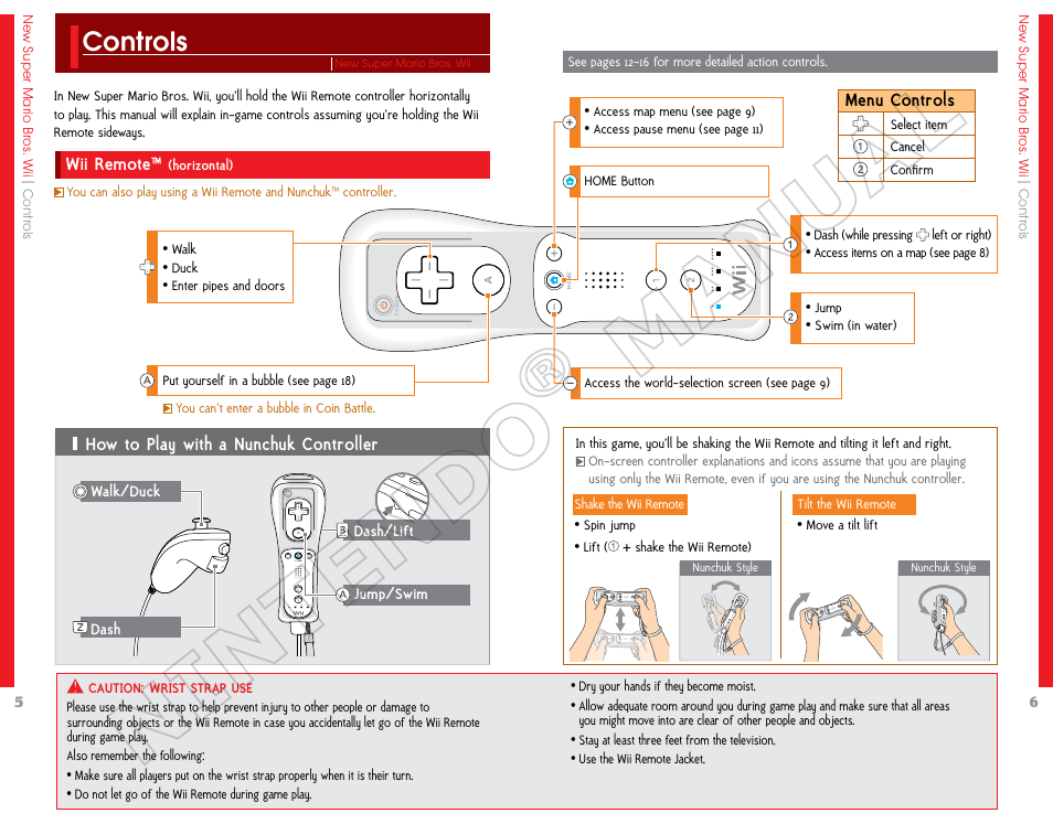 Controls, Menu controls, Wii remote | Nintendo Super Mario Bros. Wii 69151A  User Manual | Page 4 / 34