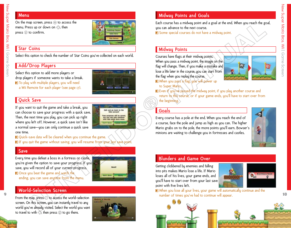 Menu, Star coins, Add/drop players | Nintendo Super Mario Bros. Wii 69151A  User Manual | Page 6 / 34