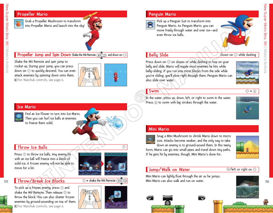 Propeller mario, Propeller jump and spin down, Ice mario | Nintendo Super  Mario Bros. Wii 69151A User Manual | Page 9 / 34 | Original mode