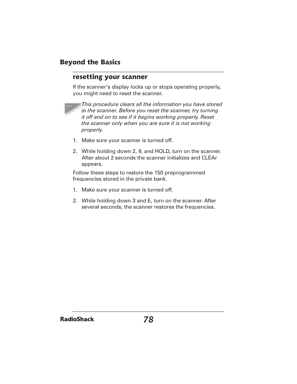 Beyond the basics resetting your scanner | Radio Shack PRO-2051 User Manual  | Page 78 / 84