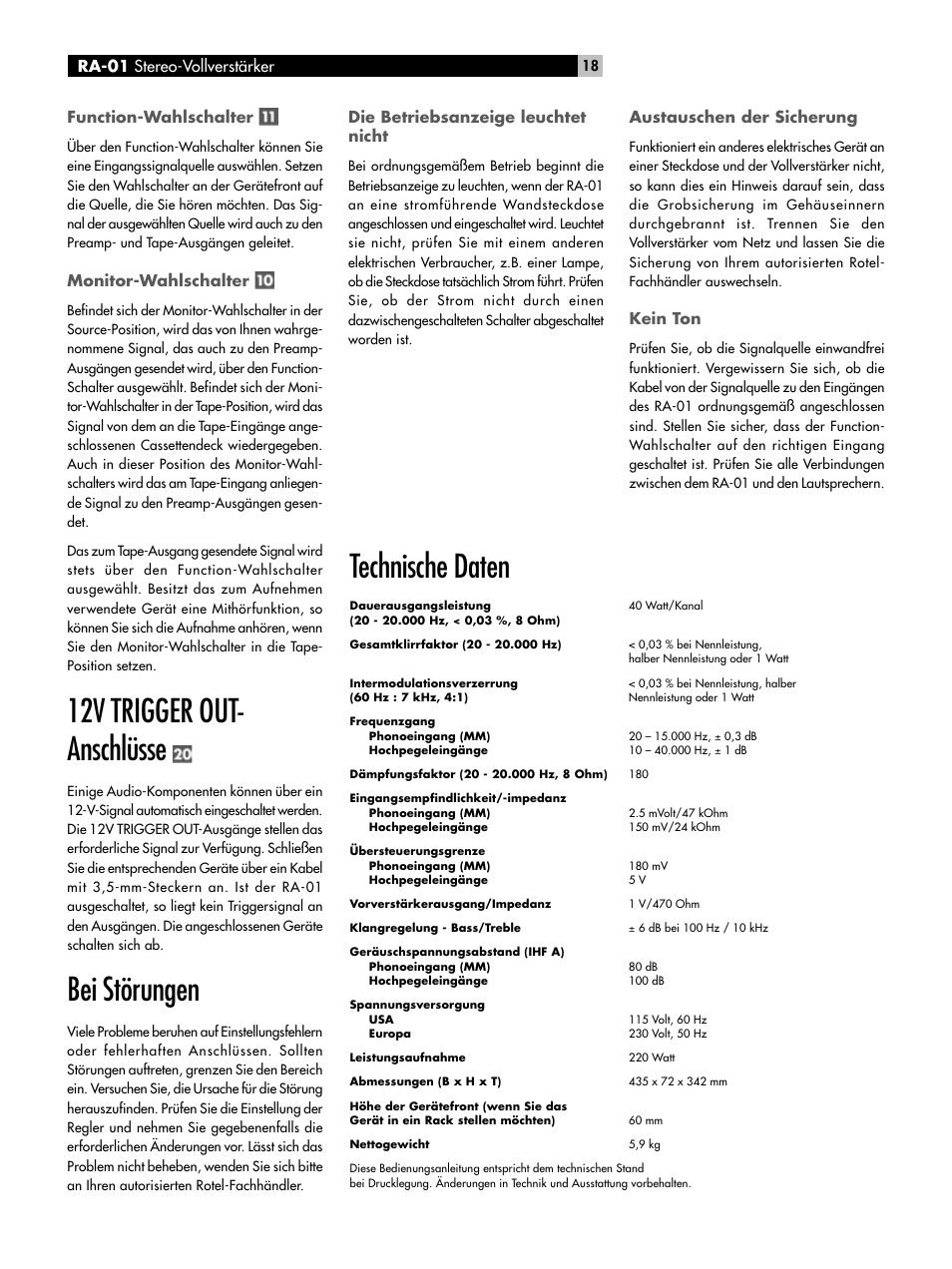 12v trigger out- anschlüsse, Bei störungen, Technische daten | ROTEL RA-01  User Manual | Page 18 / 42 | Original mode