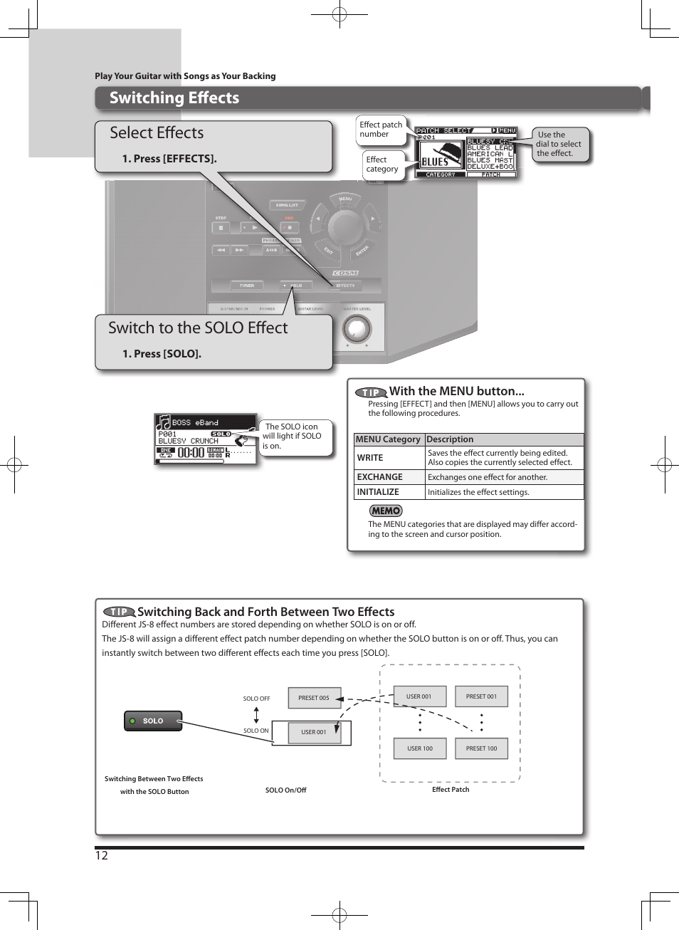 Switching eff ects, Switch to the solo eff ect, Select eff ects | Roland eBand  JS-8 User Manual | Page 14 / 47
