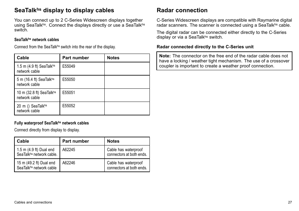 Seatalk, Display to display cables, Radar connection | Raymarine C90w User  Manual | Page 27 / 92 | Original mode