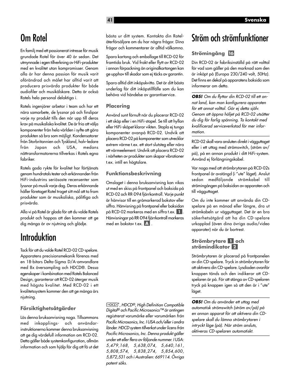 Om rotel, Introduktion, Ström och strömfunktioner | ROTEL RCD-02 User  Manual | Page 6 / 11 | Original mode