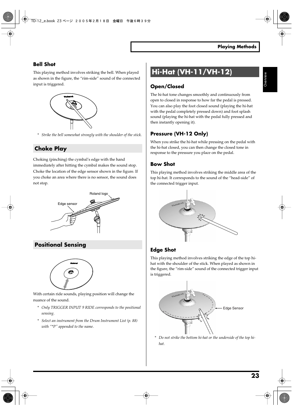 Choke play, Positional sensing, Hi-hat (vh-11/vh-12) | Roland TD-12 User  Manual | Page 23 / 108