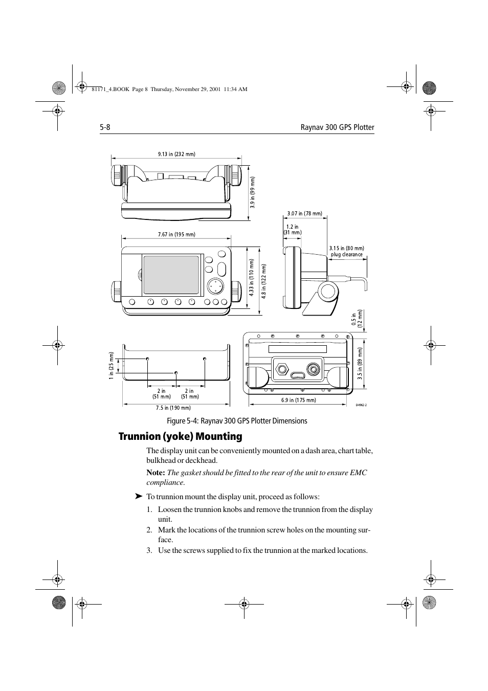 Figure 5-4: raynav 300 gps plotter dimensions, Trunnion (yoke) mounting,  Trunnion (yoke) mounting -8 | Raymarine GPS Plotter User Manual | Page 99 /  131 | Original mode