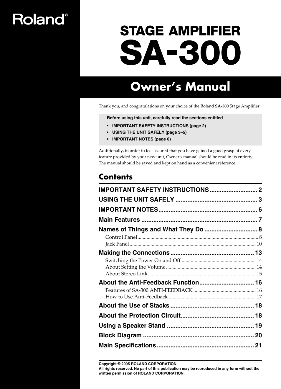 Roland SA-300 User Manual | 24 pages