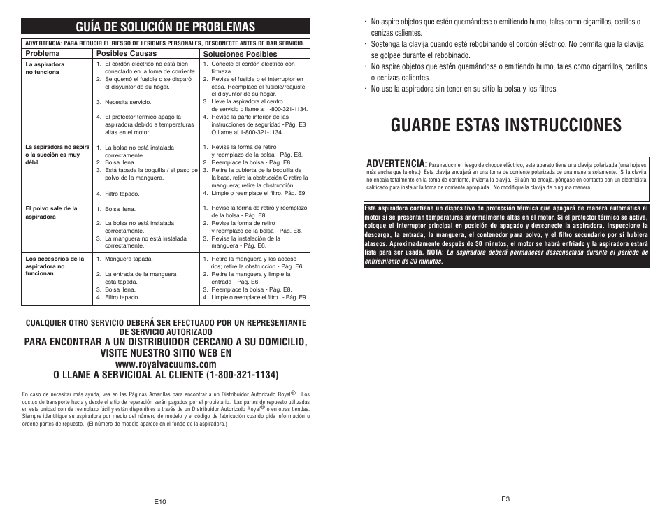 Guarde estas instrucciones, Guía de solución de problemas, Advertencia |  Royal Appliance LEXON S15 User Manual | Page 13 / 16 | Original mode