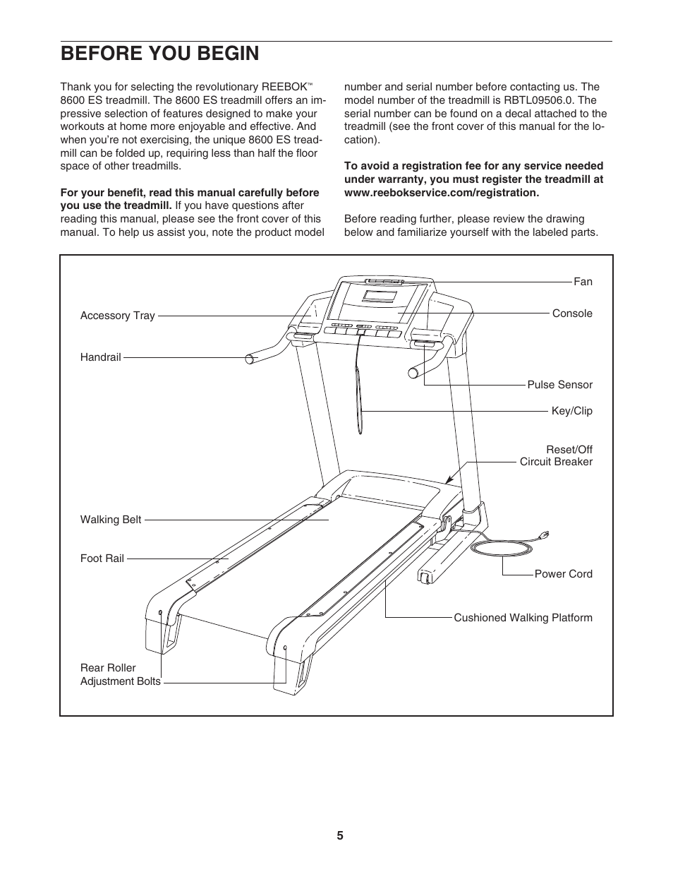 Before you begin | Reebok Fitness 8600 ES treadmill RBTL09506.0 User Manual  | Page 5 / 36