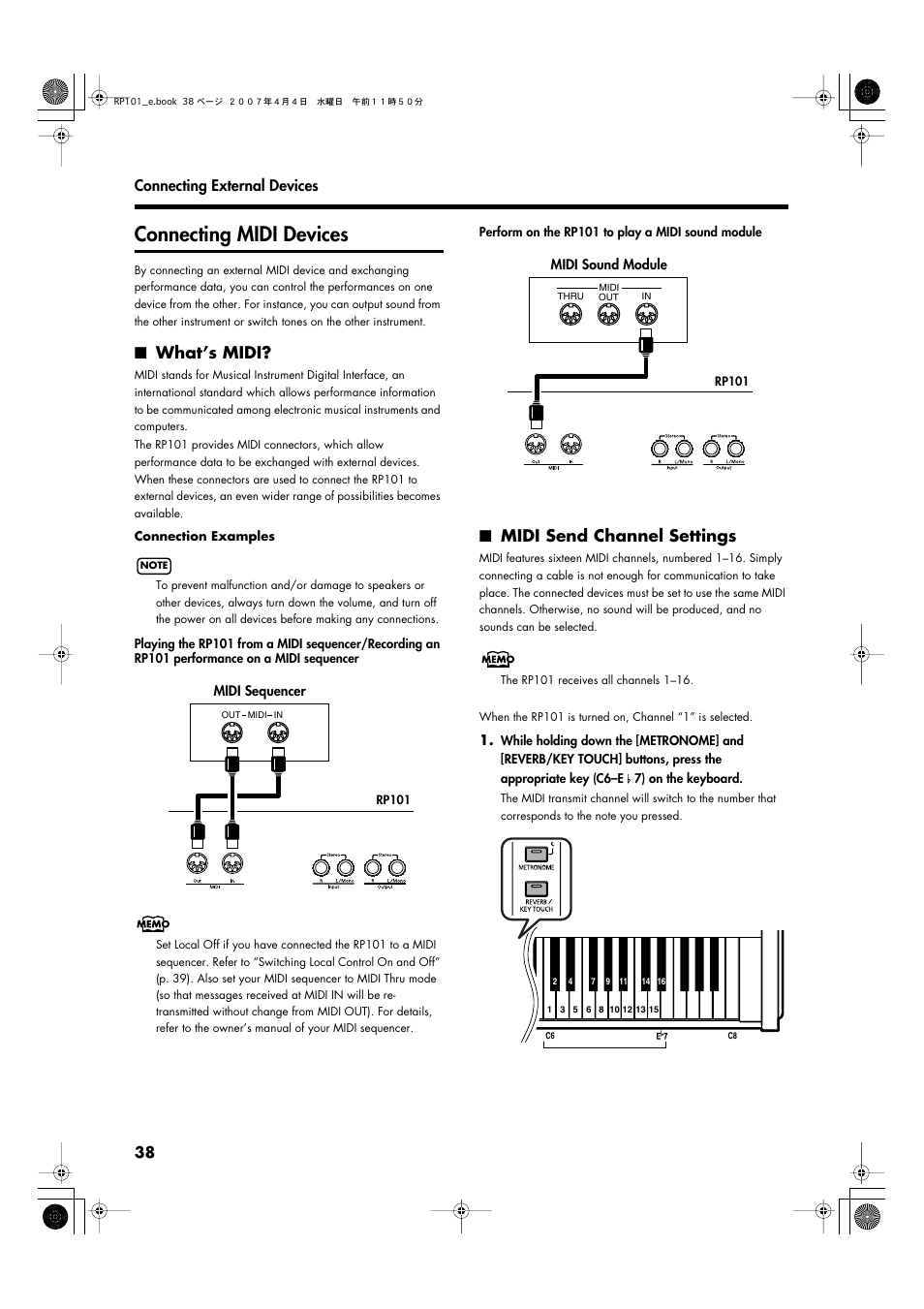 Connecting midi devices, What's midi, Midi send channel settings | Roland  RP101 User Manual | Page 38 / 52 | Original mode