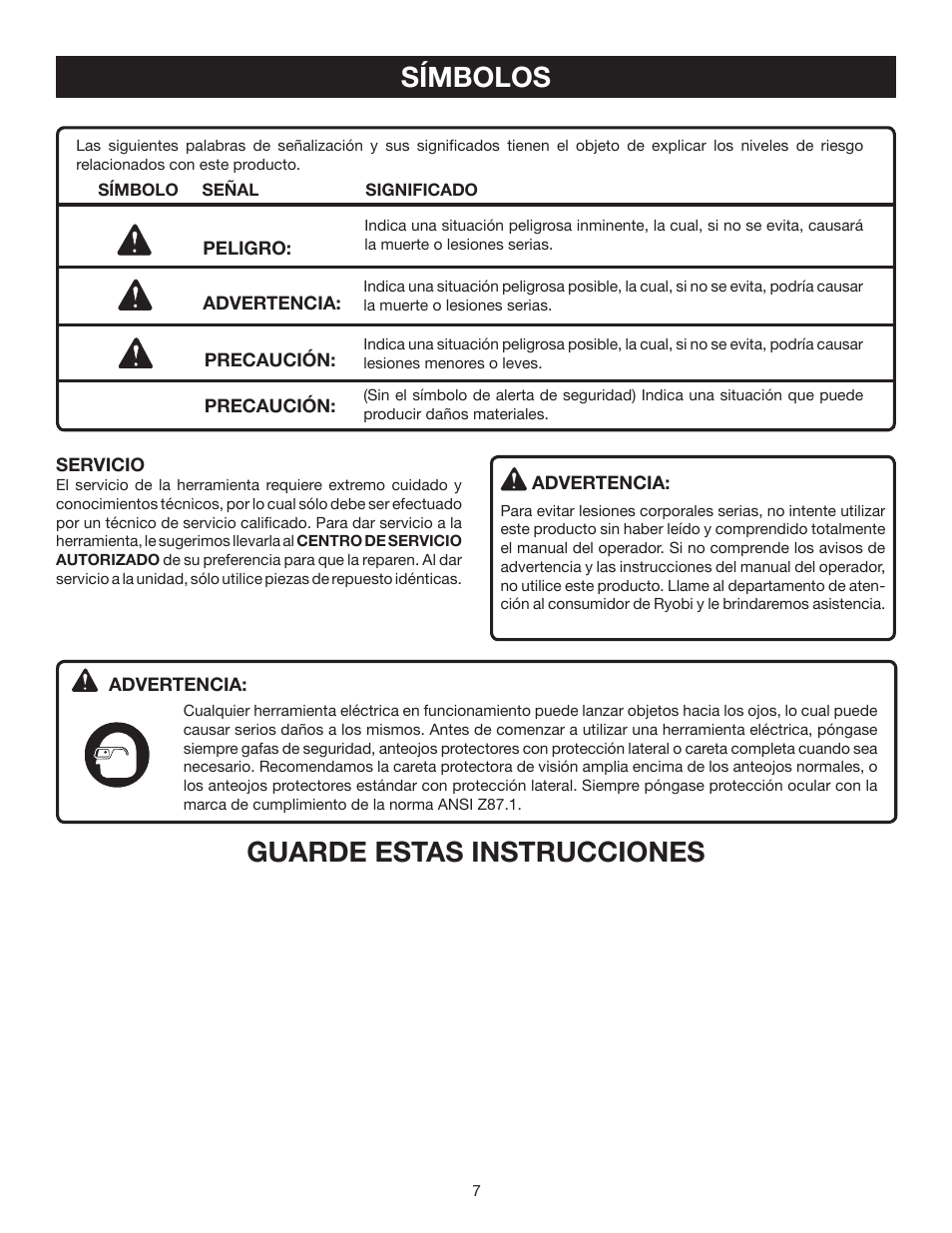Símbolos, Guarde estas instrucciones | Ryobi TS1342L User Manual | Page 71  / 96 | Original mode