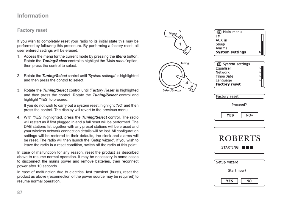 Information, Factory reset | Roberts Radio iStream User Manual | Page 88 /  100