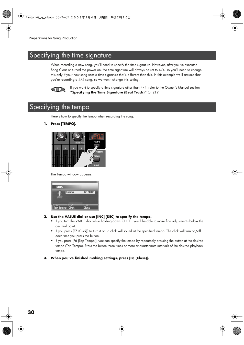 Specifying The Time Signature Specifying The Tempo Specify The Time Signature Of The Song P 30 Roland Fantom G8 User Manual Page 30 48 Original Mode