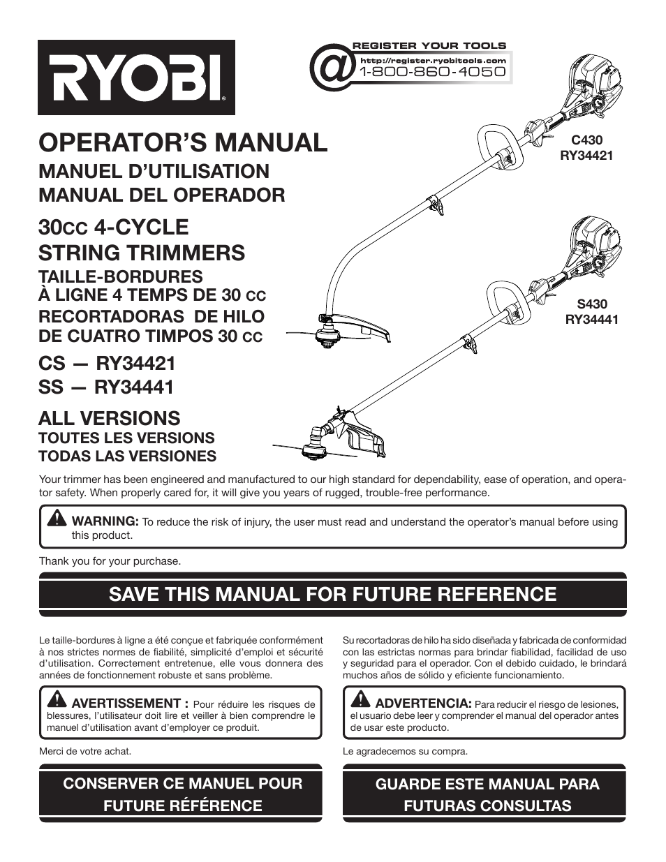 Ryobi S430 RY34441 User Manual | 56 pages | Also for: C430 RY34421