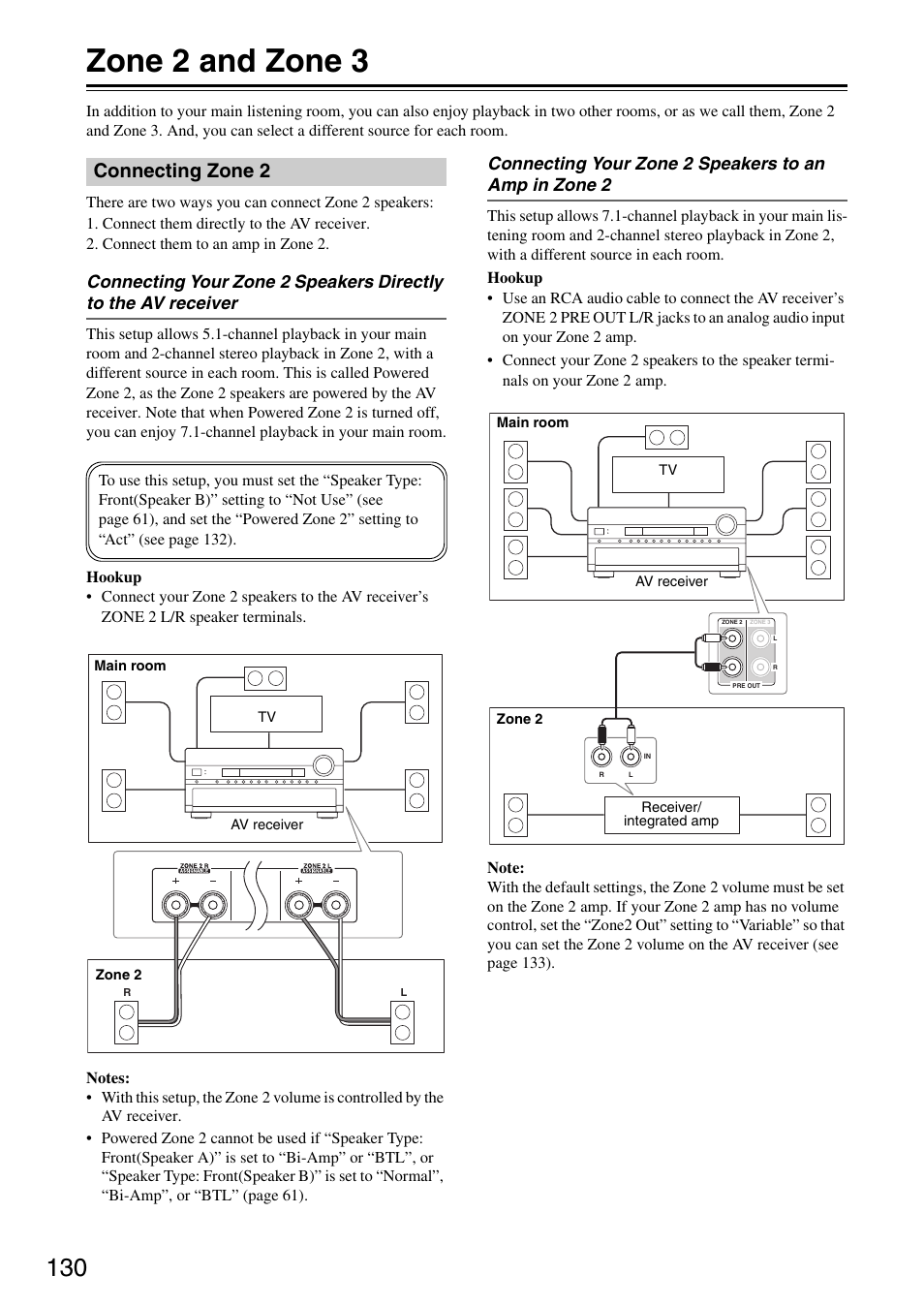 Zone 2 and zone 3, Connecting zone 2 | Onkyo TX-SR876 User Manual | Page  130 / 150